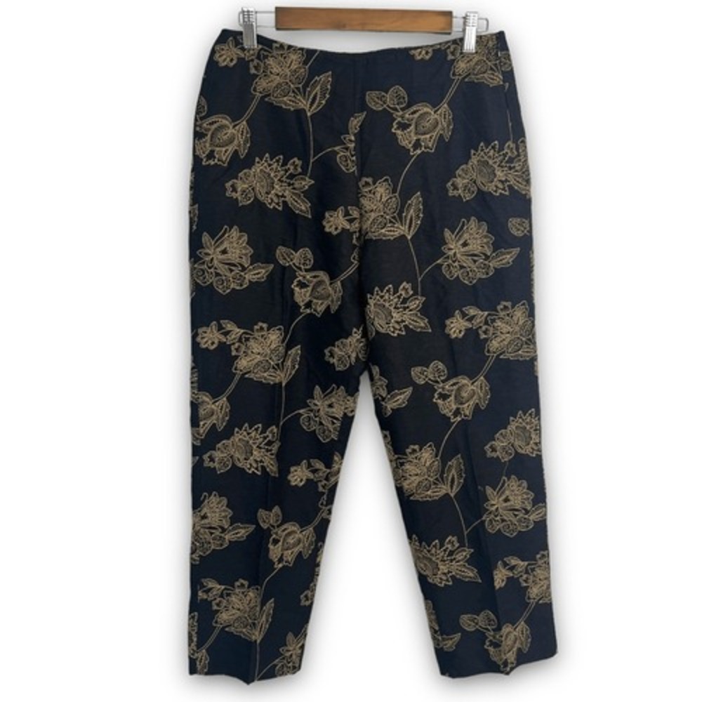 Tommy Bahama‎ 6 Capri Pants 100% Silk Black Tan Floral Embroidered Resort Cruise